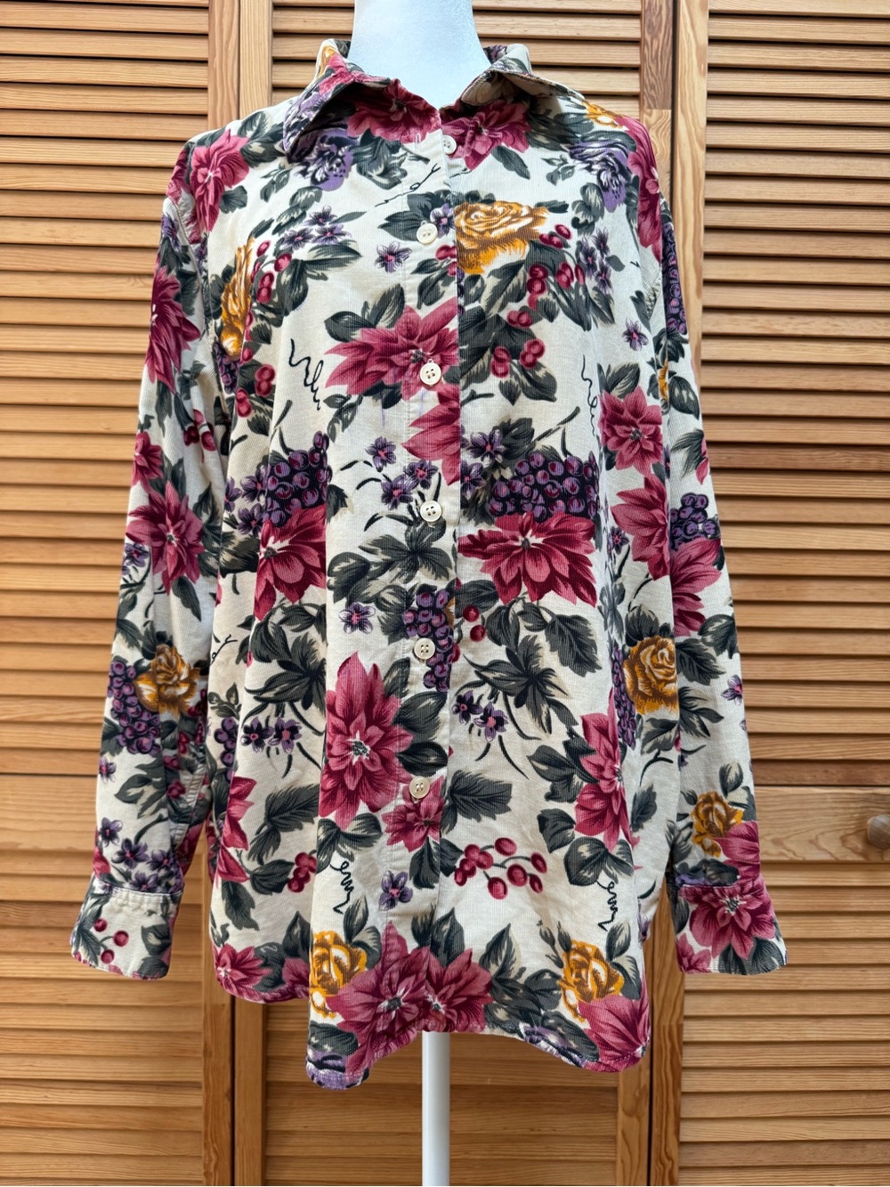 Vintage 90s Cabin Creek Corduroy Floral Grape Button-Up Shirt Cottagecore Twee